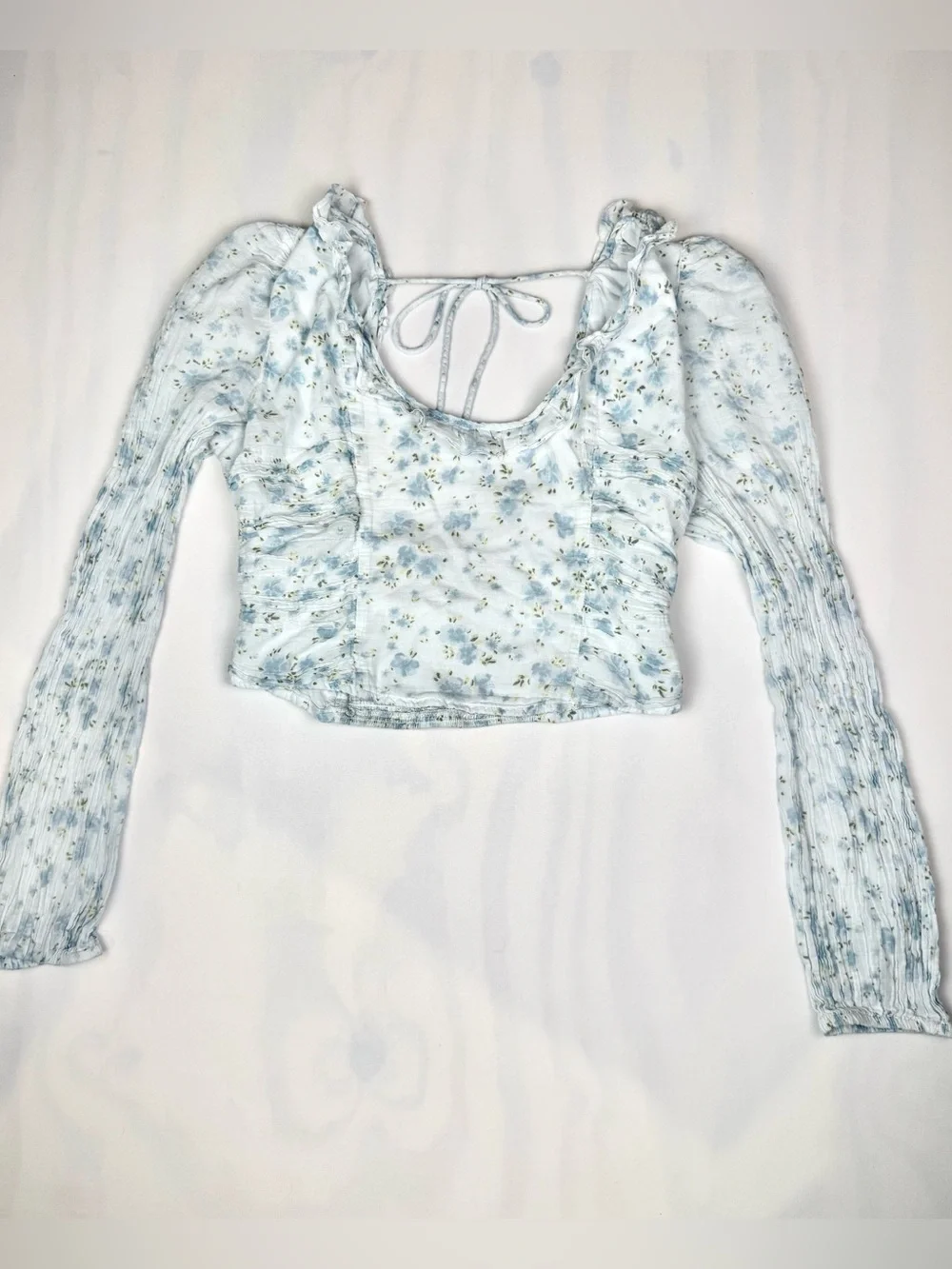 Free People Blue Floral Puff Sleeve Smocked Cottagecore Crop Top‎ XS S